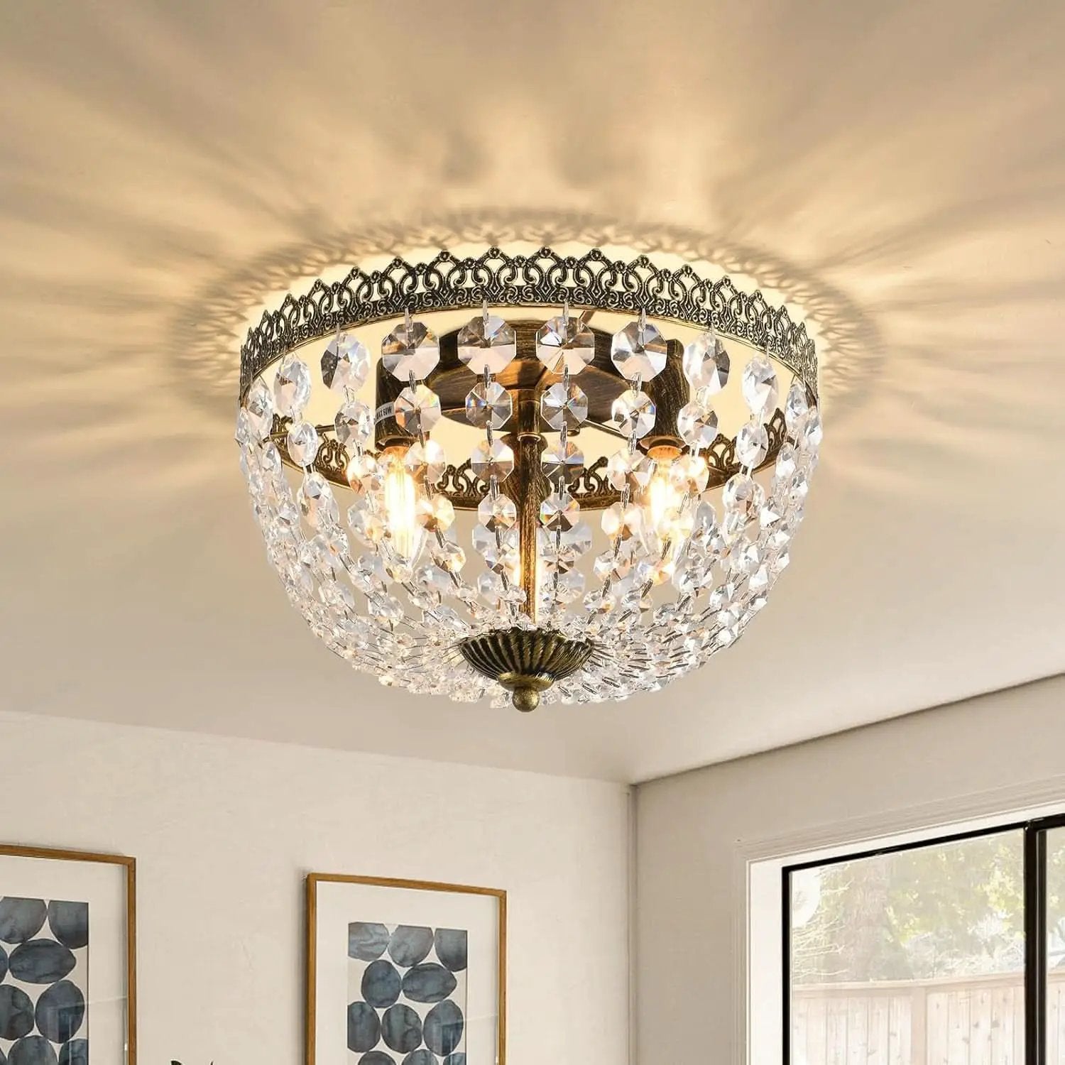 Three Light French Empire Crystal Chandelier Antique Bronze Dimmable Flush Mount from PriceLows™