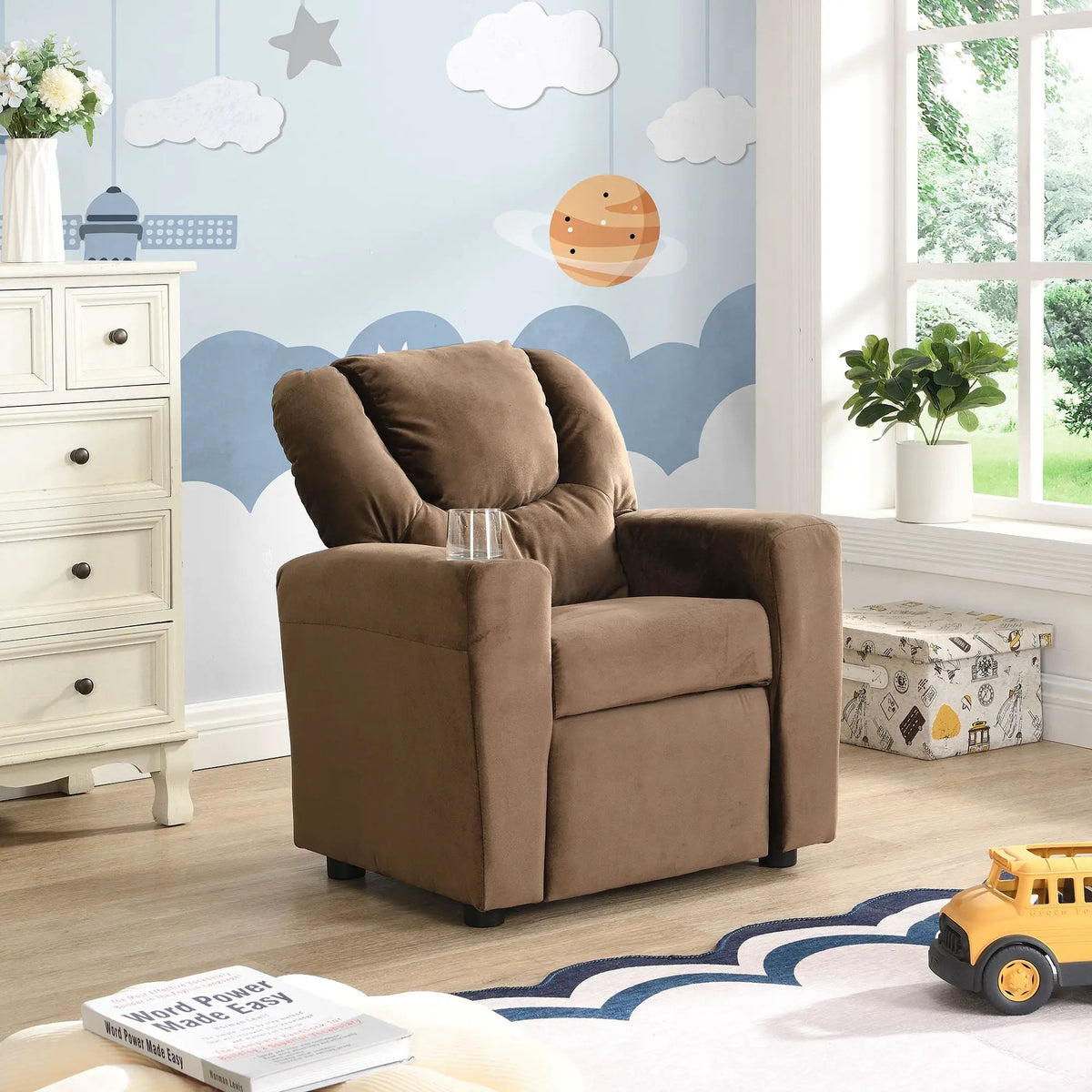 Kids Recliner Chair | Upholstered | Two Cup Holders | Black