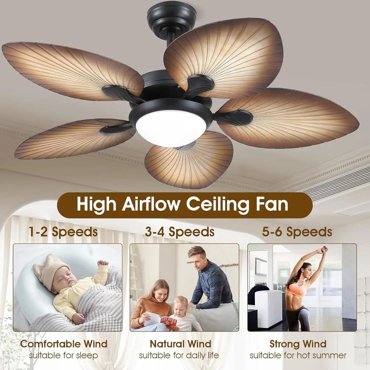 44 Inch Palm Leaf Ceiling Fan With LED Lighting Remote from PriceLows™