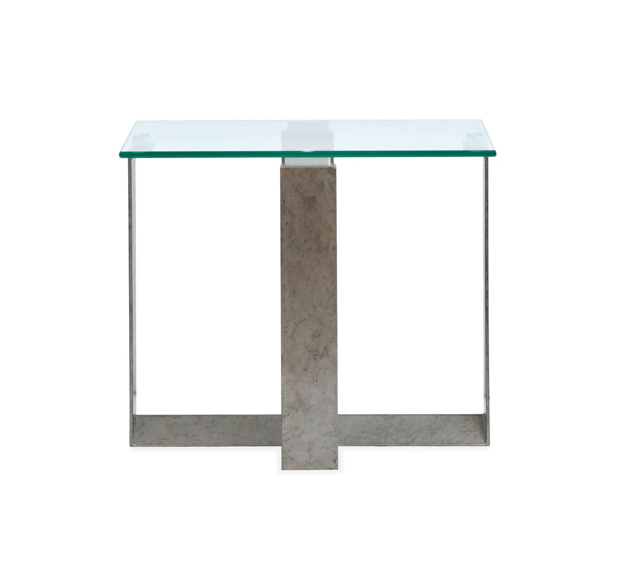 Holden Rectangular End Table | Aged Pewter Metal Frame | Tempered Glass Top | Triangular Base