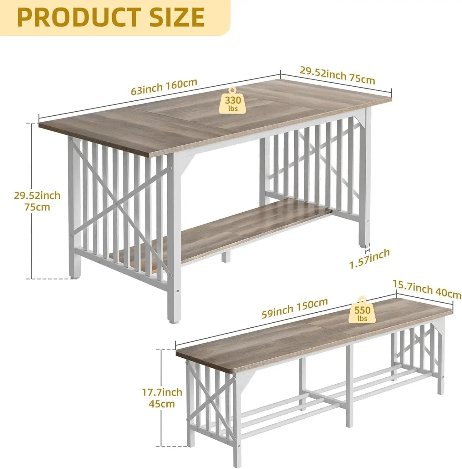 Sixty Three Inch Washed Grey Industrial Style Storage Dining Table from PriceLows™