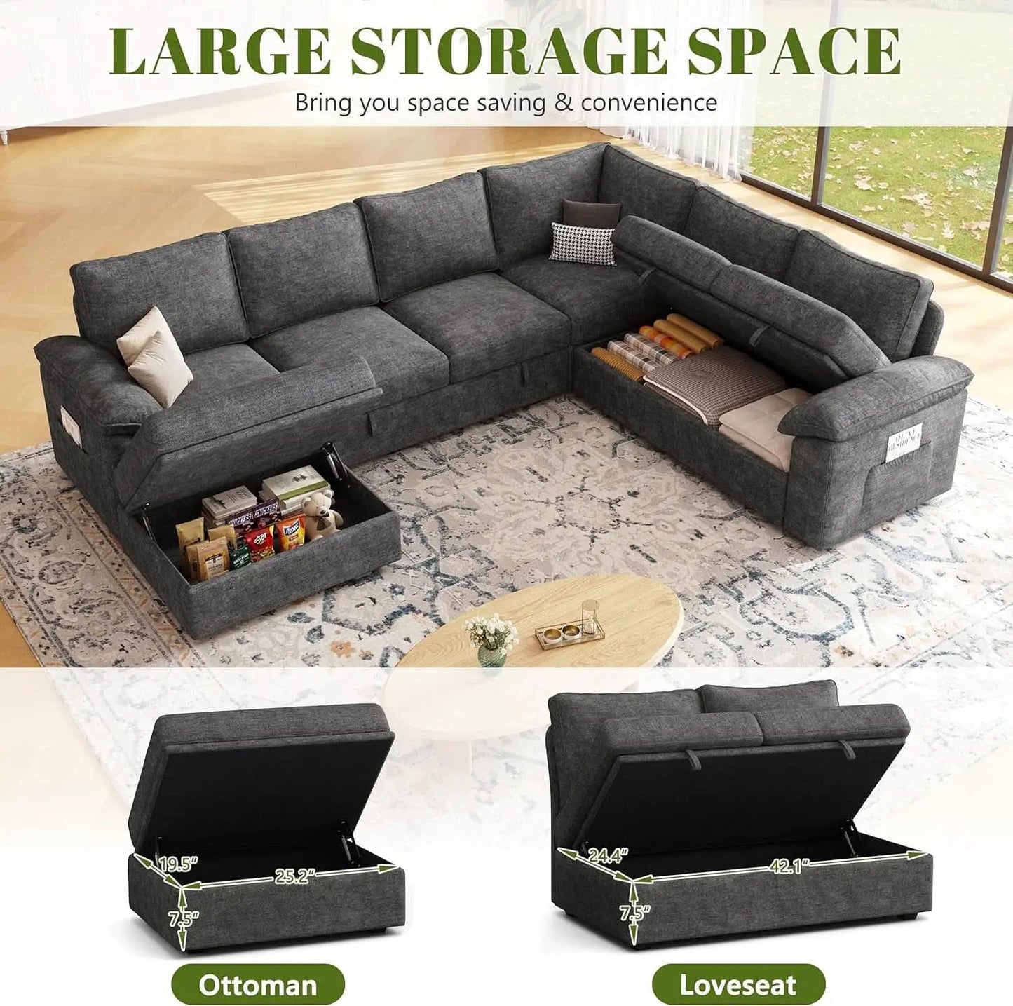 108 Inch Modular Sectional Sleeper Sofa CharcoalGrey from PriceLows™