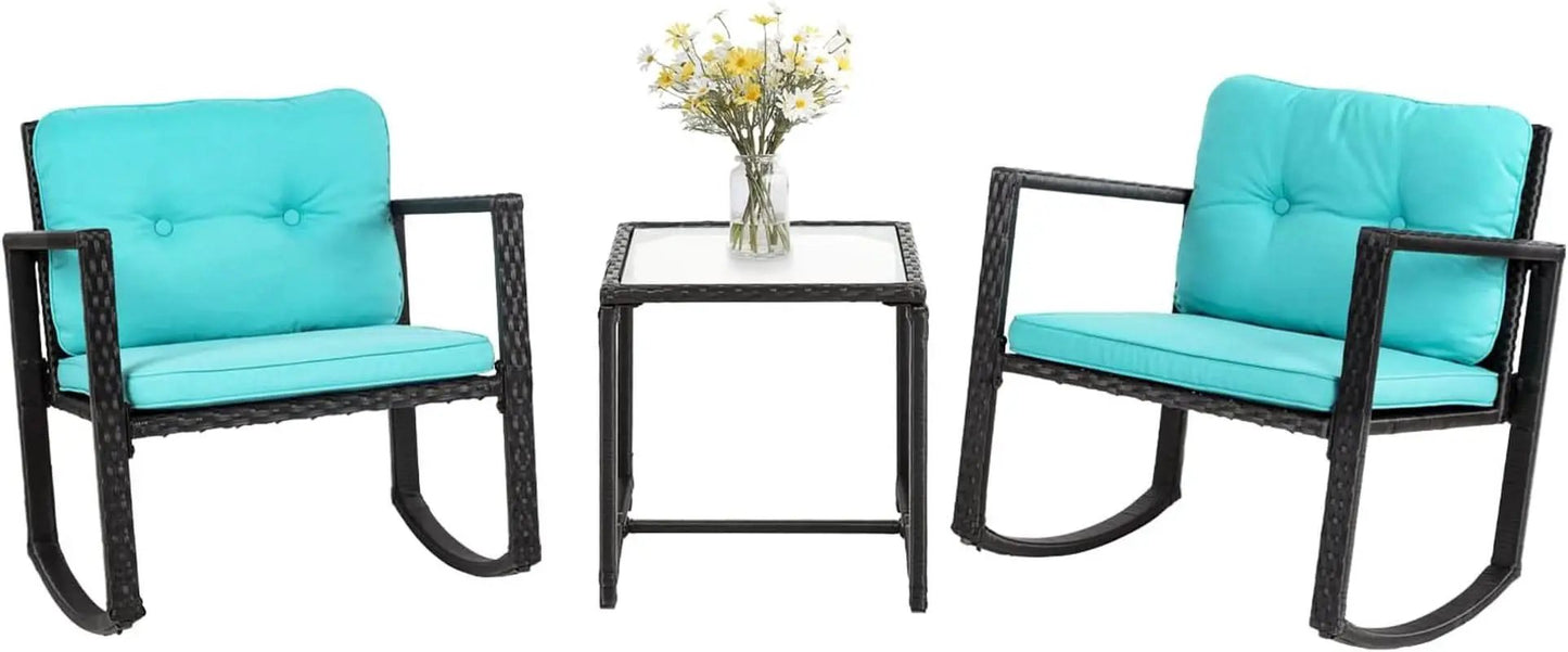 Outdoor Rattan Rockers Set With Glass Table Blue Cushions from PriceLows™