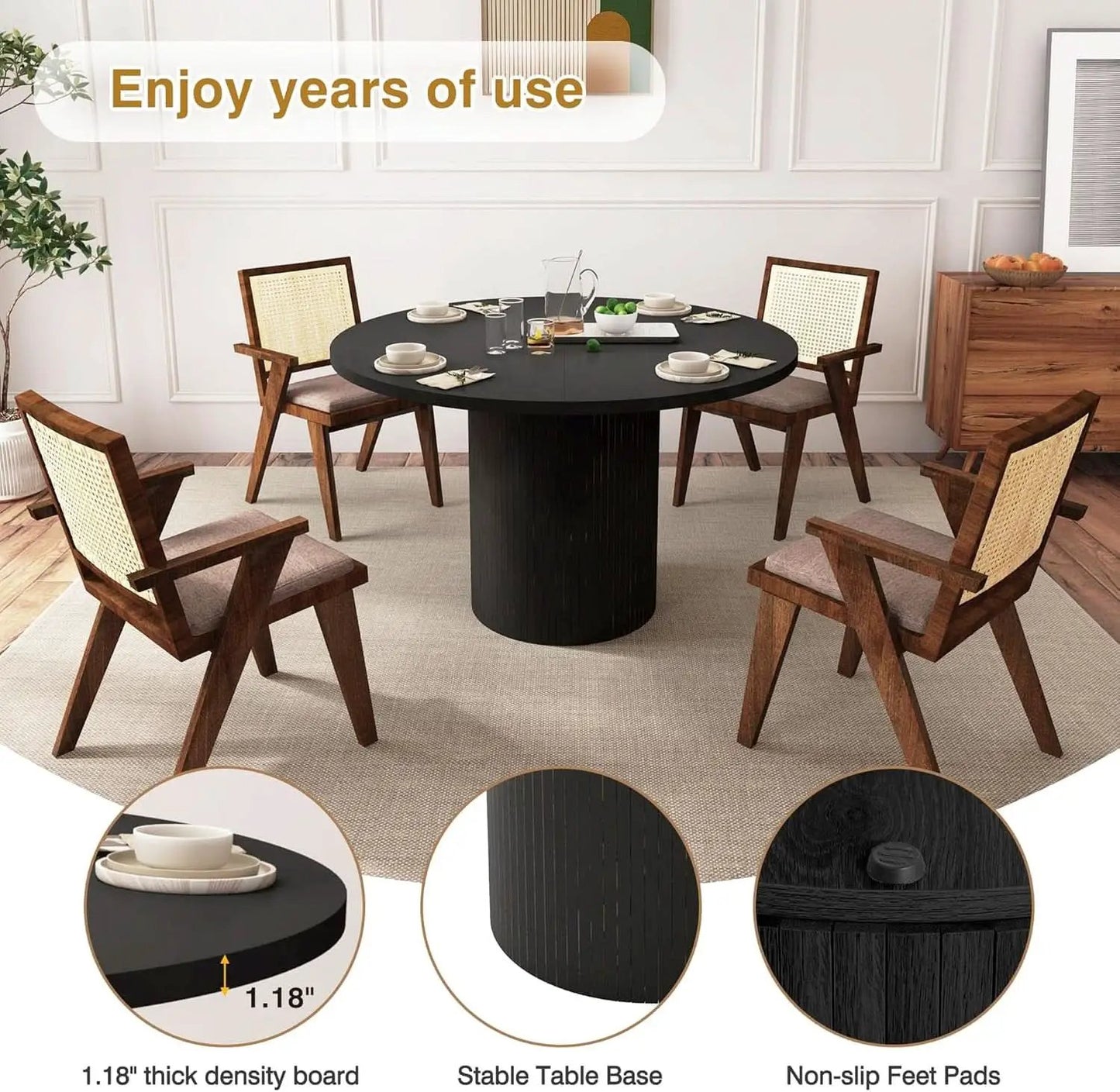 Round Dining Table For 4 47 Inch Black Wood Strip Base Kitchen Table from PriceLows™