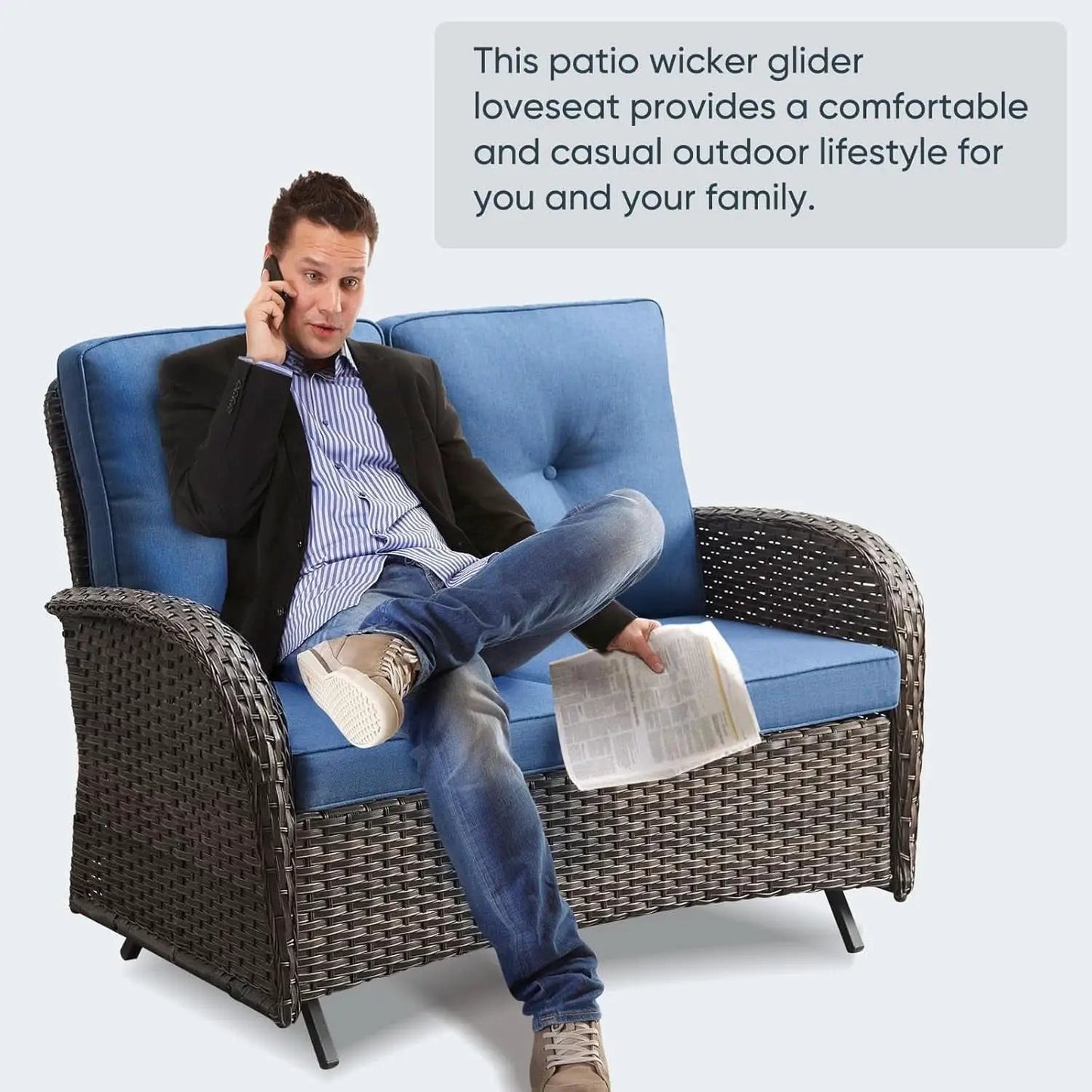 6 Piece Patio Conversation Set Brown Wicker Blue Cushions from PriceLows™