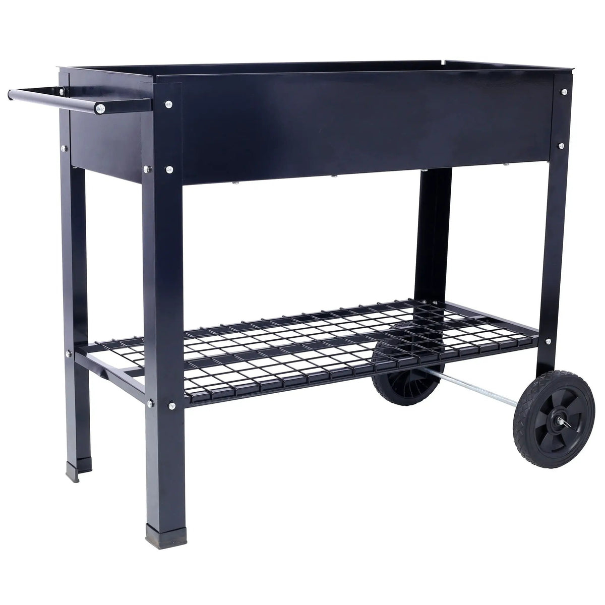Raised Metal Planter | Wheeled Base | Storage Shelf | Black