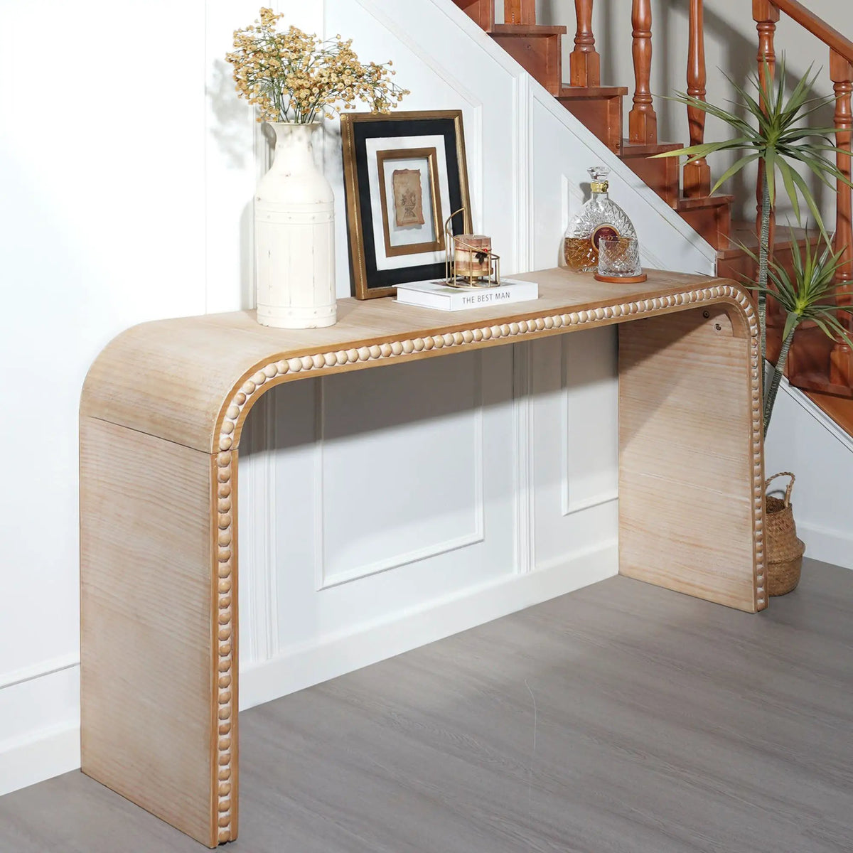 Waterfall Console Table | 59 Inch Width | Wood Trim Accent | Farmhouse Finish