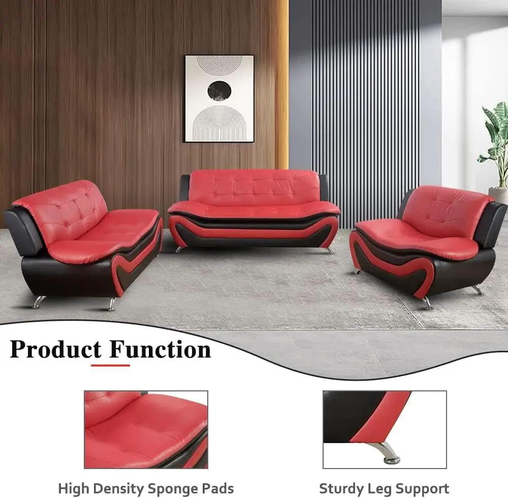 Living Room Sofa Set 3-Piece Faux Leather Black Red from PriceLows™