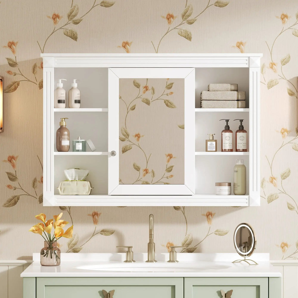 Wall Mount Bathroom Cabinet | With Mirror | 6 Open Shelves | White