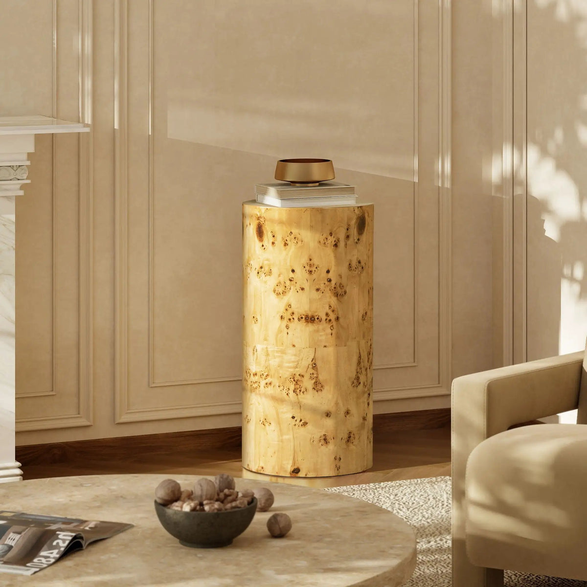 Nebula Pillar Side Table | Burl Wood Veneer | 29.5 Inch Height | Side Table Or Plinth