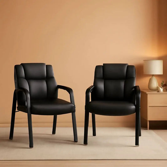 Guest Chair | Premium Black Leather Upholstery | Padded Armrests For All Day Comfort | Set Of 2 Chairs