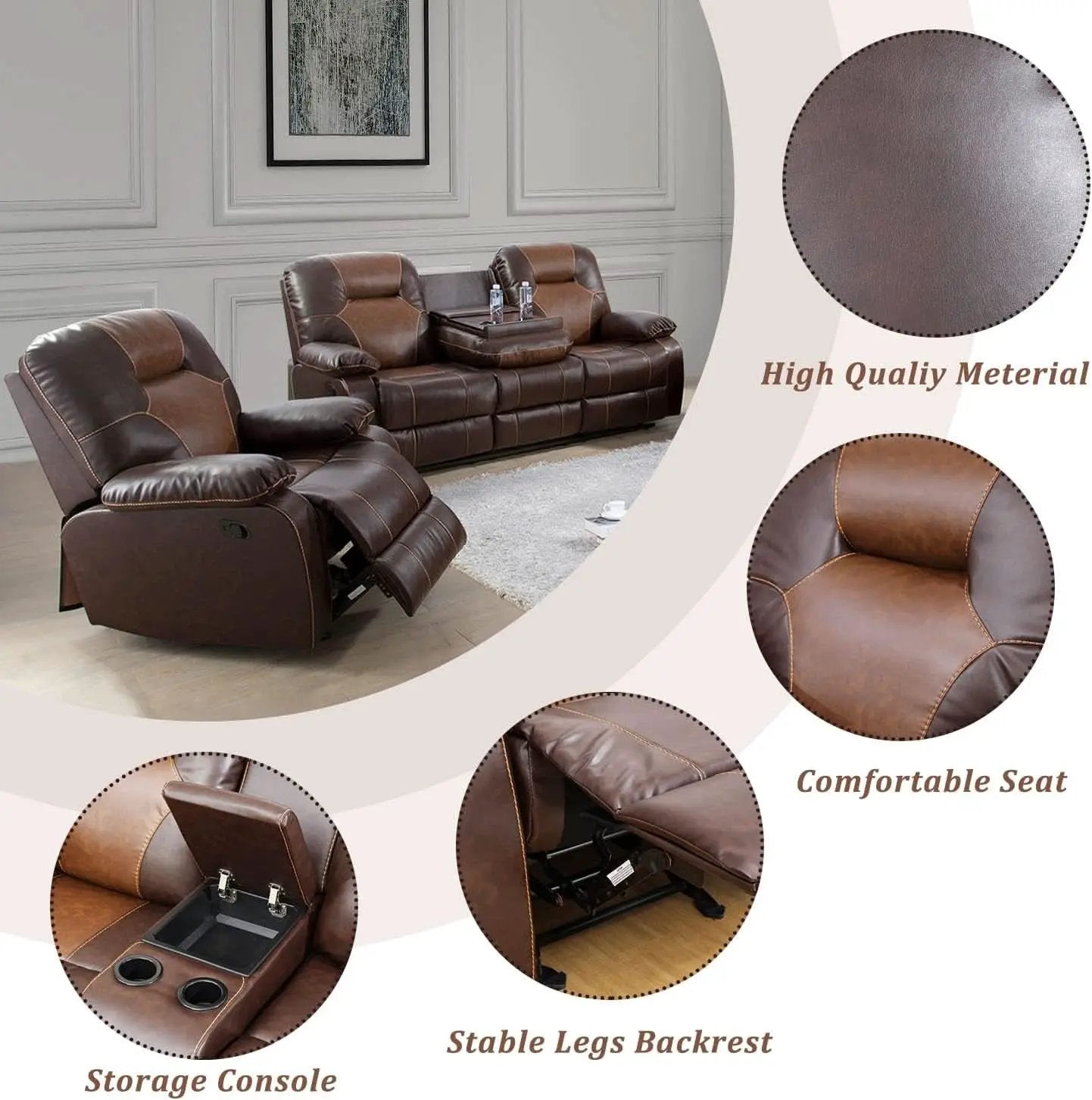 Manual Recliner Sofa Set Bonded Leather With Storage Console Brown 3 Piece from PriceLows™