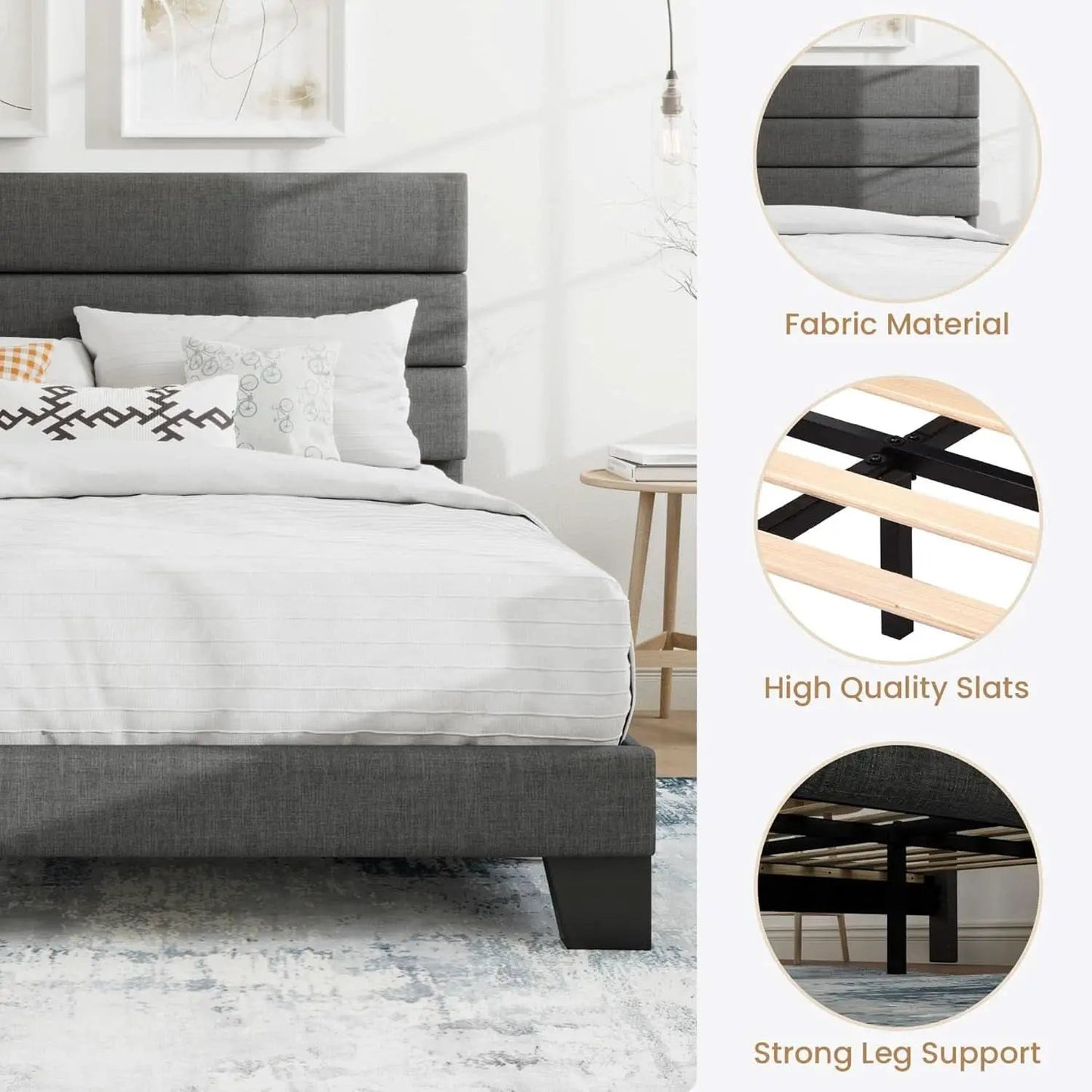 Full Size Upholstered Bed Frame With Grey Headboard from PriceLows™