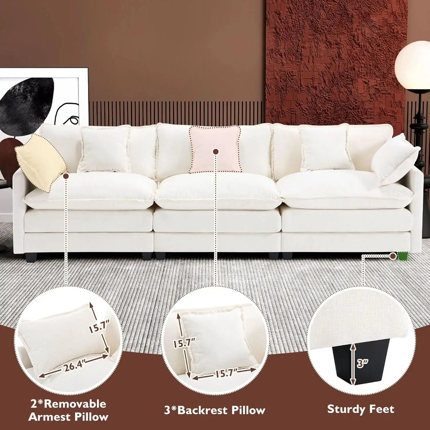 111.4 Inch 3 Seater Cloud Sofa Modular Sectional Couch Beige With Breathable Chenille Fabric from PriceLows™