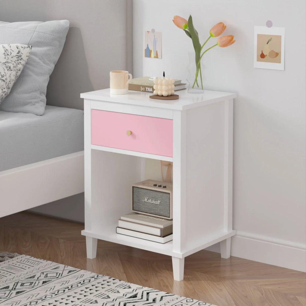 Nightstand With 1 Drawer And 1 Shelf | Aluminum Handles | Tip-Over Restraint | Child-Safe Design