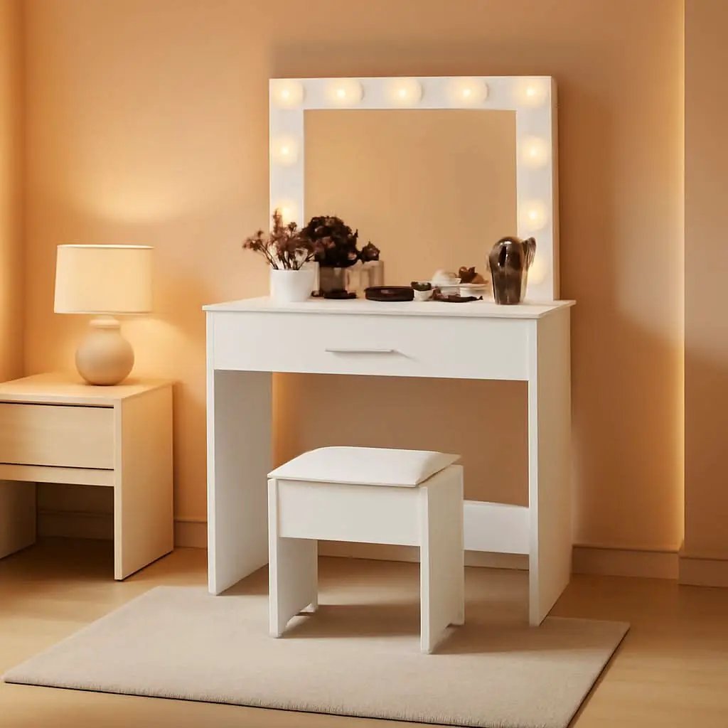 White Vanity Table With Lighted Mirror And Large Drawer from PriceLows™