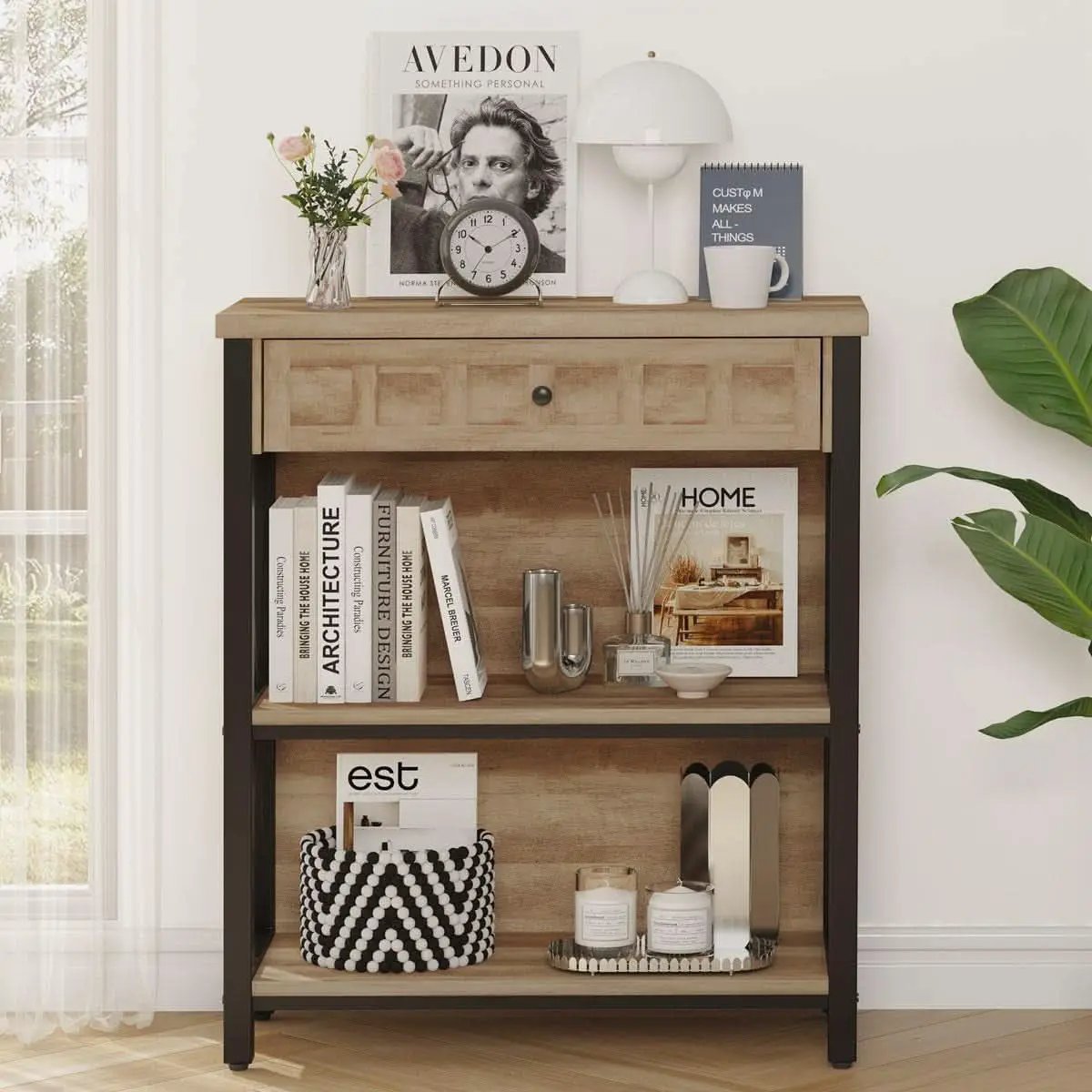 Rustic Oak 3 Tier Bookshelf With Drawer Industrial Wood And Metal Bookcase from PriceLows™