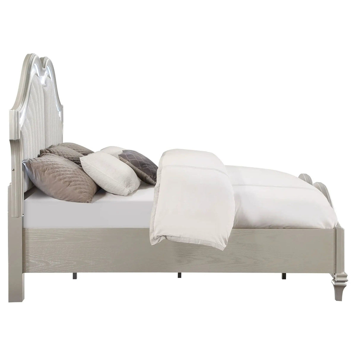 Evangeline Wood Eastern King LED Panel Bed Silver | 85.75 x 88.25 x 66.5 in | Chenille & Wood | Oak