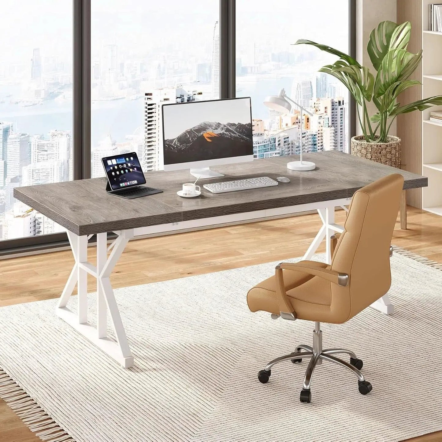 70.8 Inch Modern Executive Desk Grey White Home Office from PriceLows™