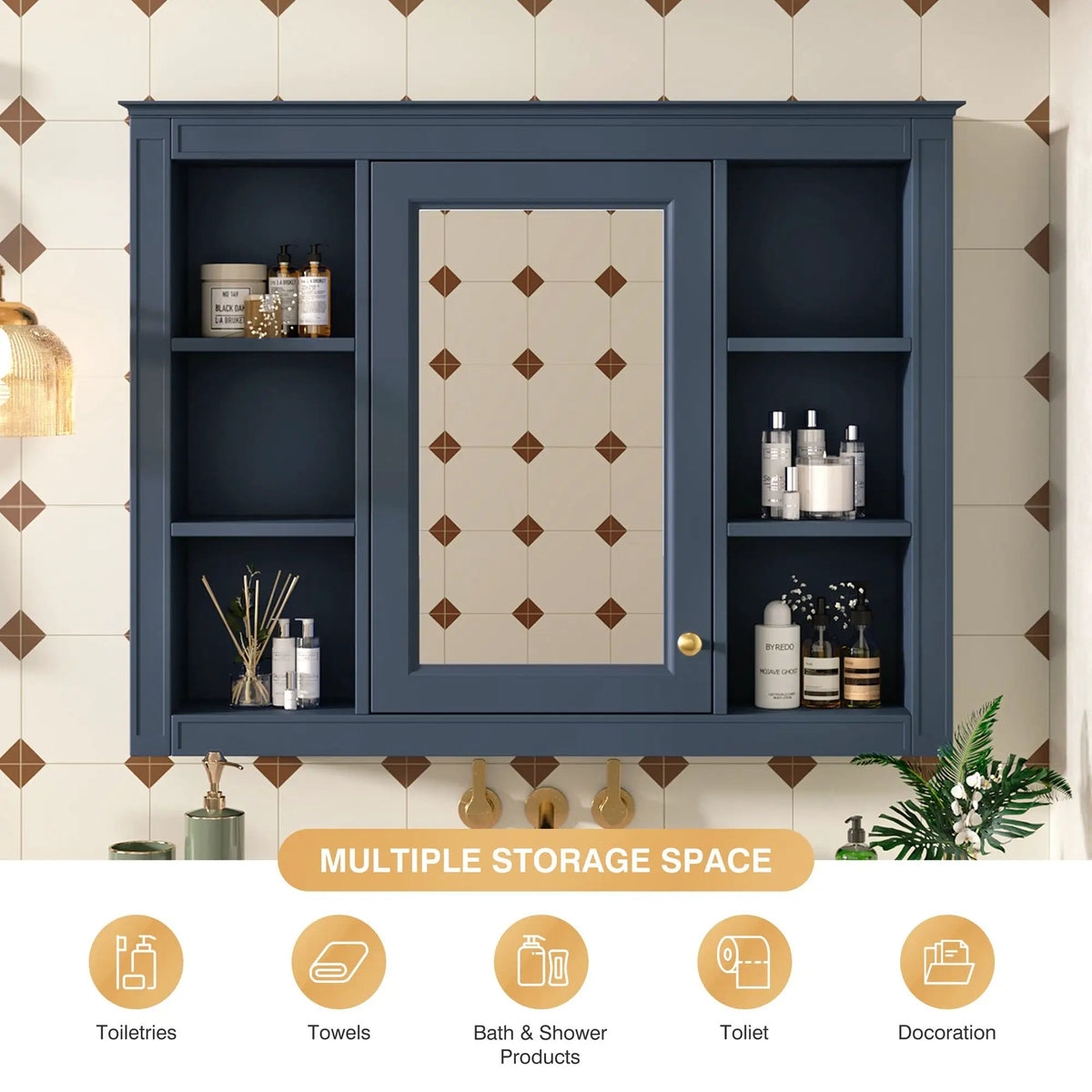 Wall Mounted Medicine Cabinet | Adjustable Interior | 6 Open Shelves