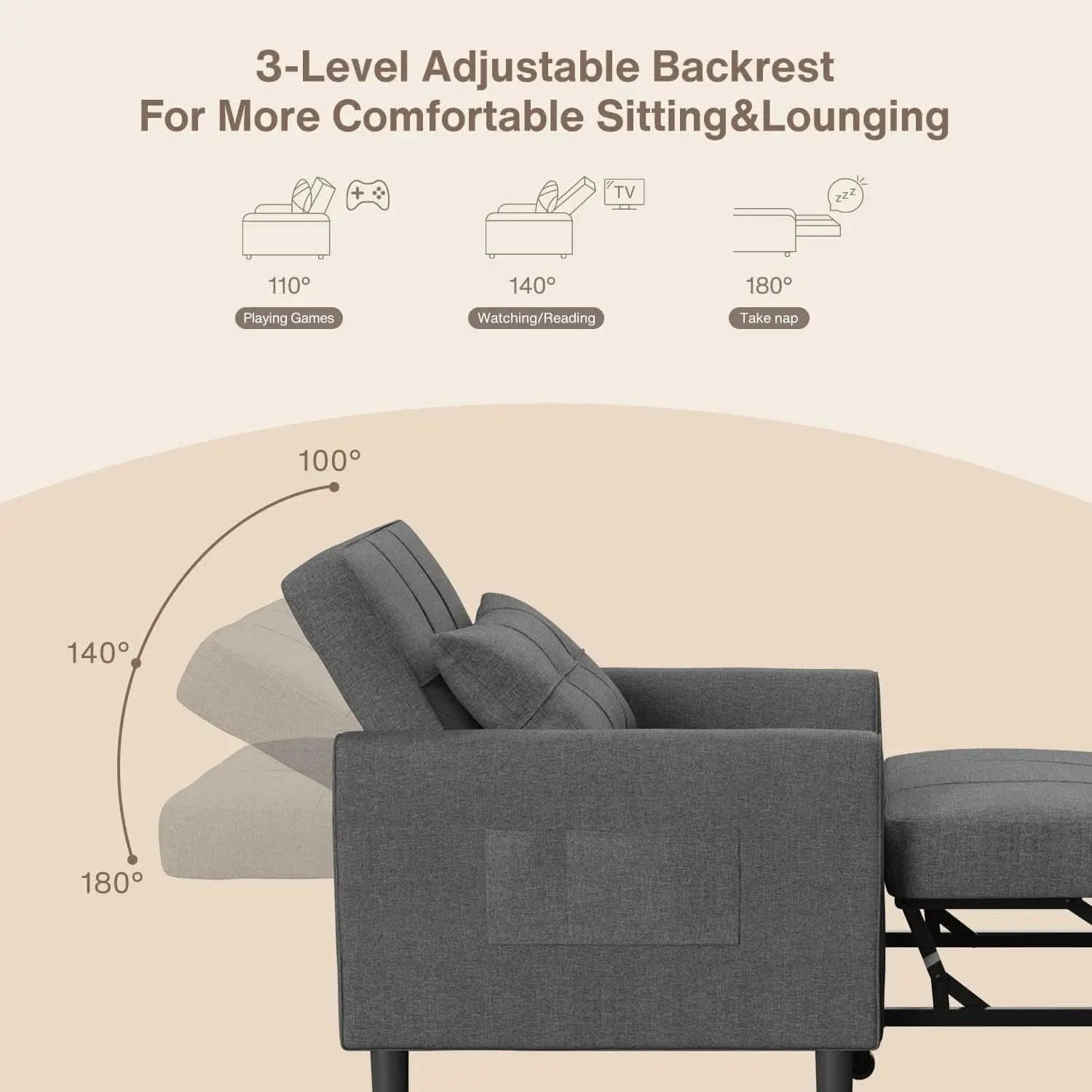 Dark Gray Sleeper Chair Bed Three In One Convertible Modern Linen Fabric Sofa from PriceLows™