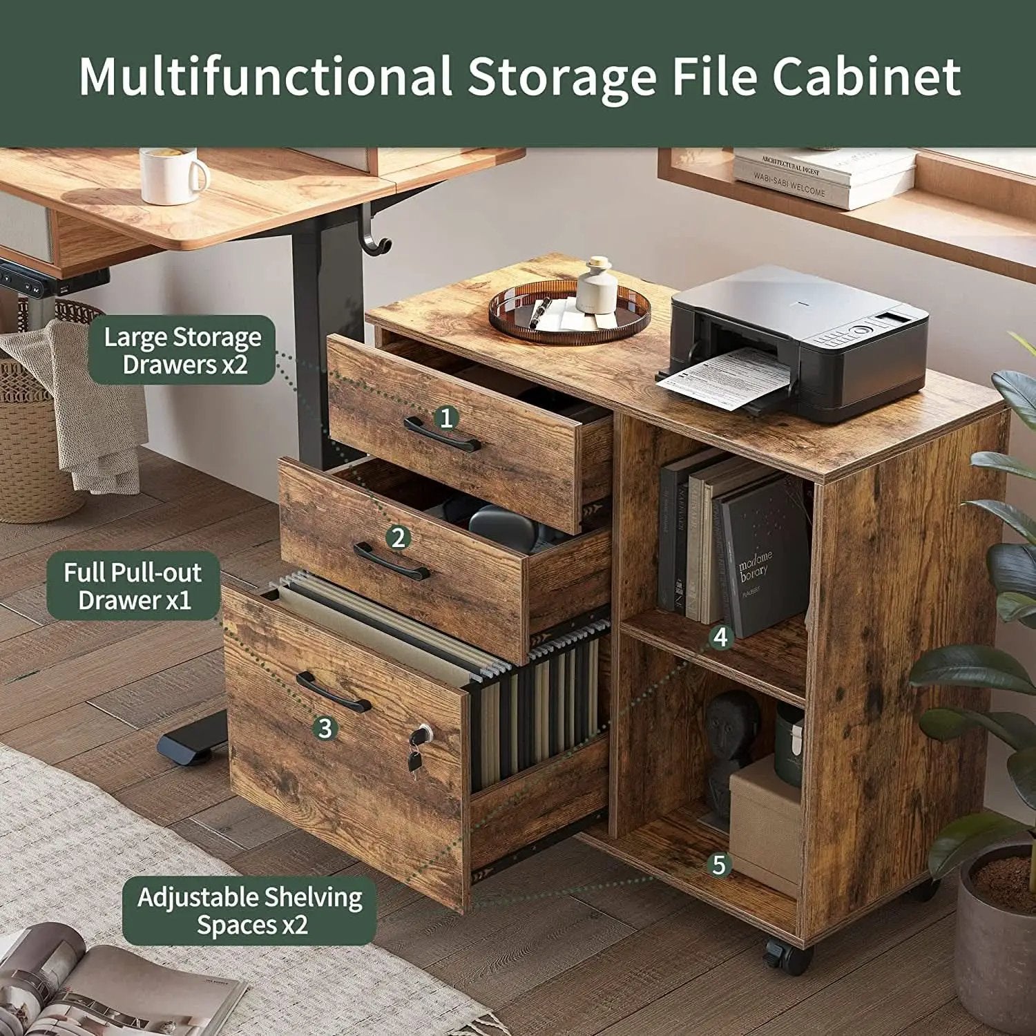 Electric Height Adjustable L Shaped Desk With File Cabinet from PriceLows™