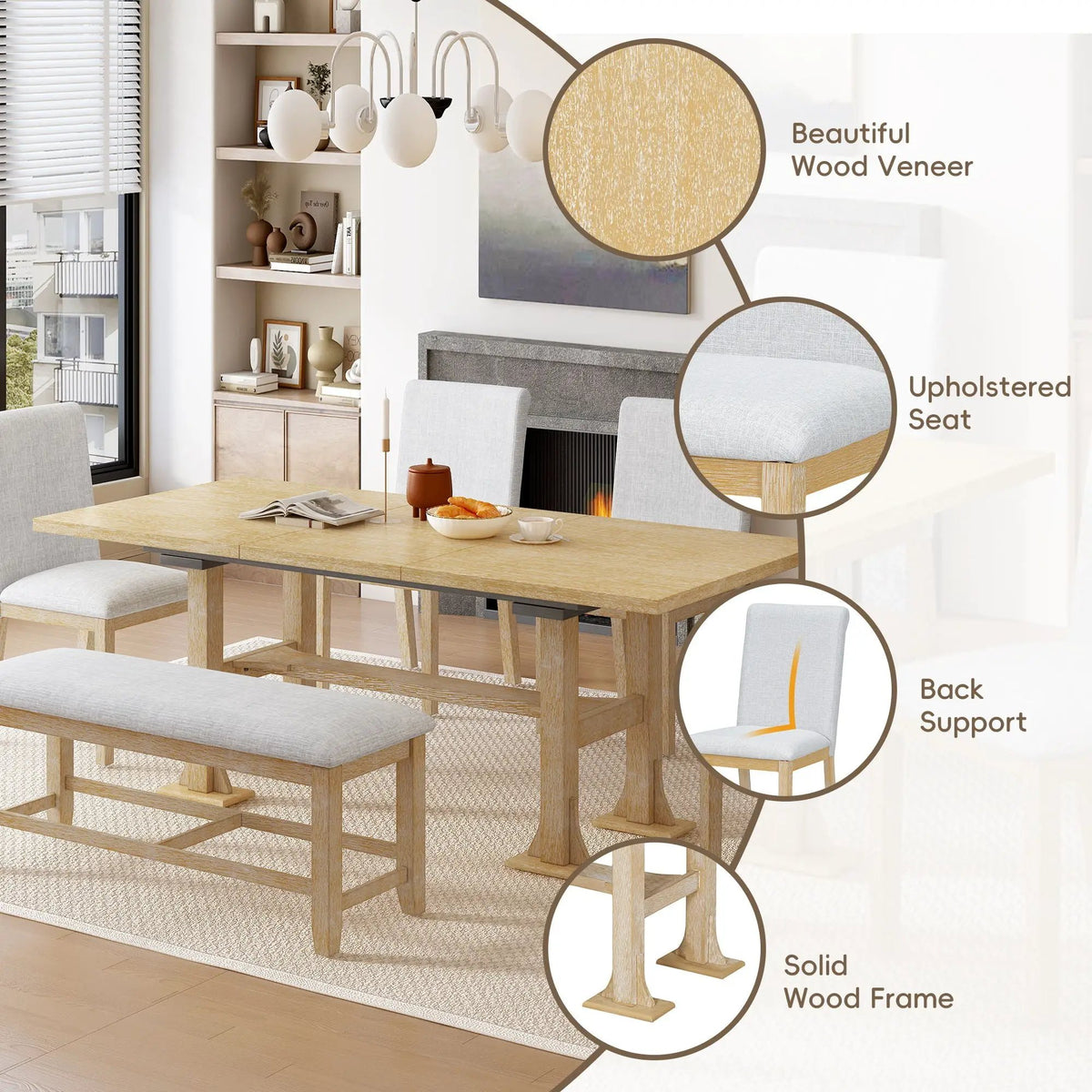 Farmhouse Dining Table Set | Solid Wood | Removable Leaf | 6 Piece