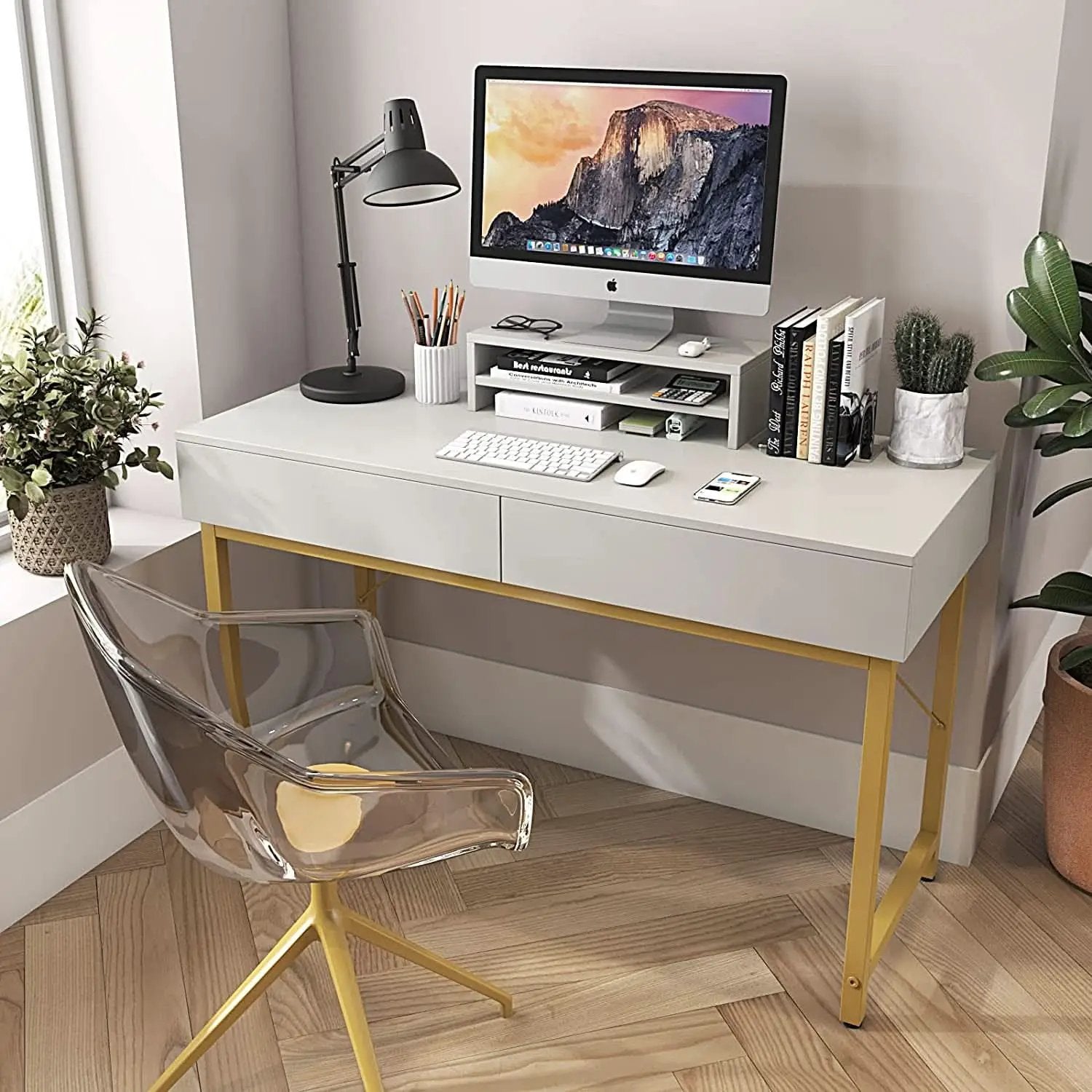 White Home Office Desk With Drawer And Monitor Stand from PriceLows™