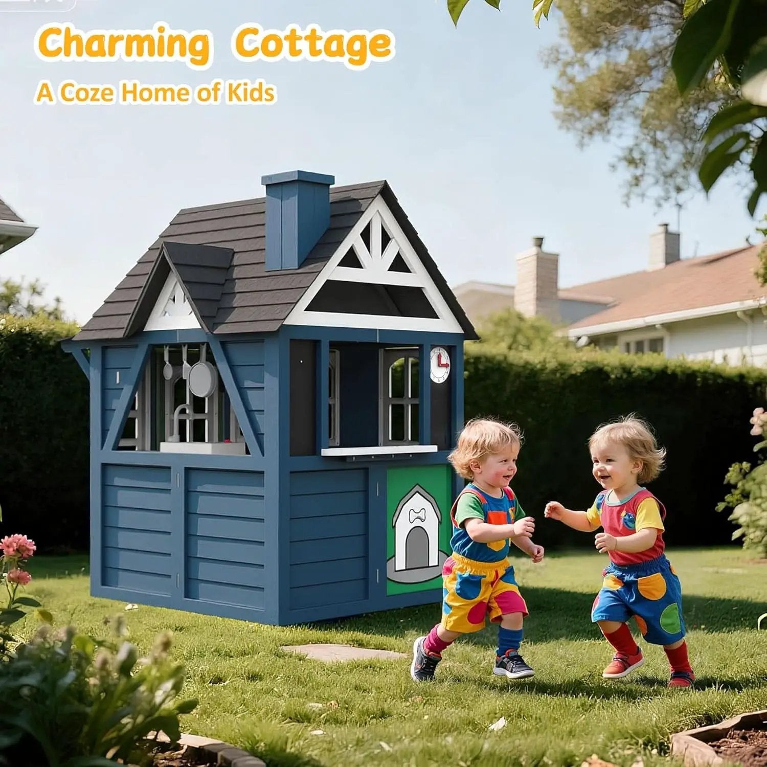 Blue Cedarwood Kids Playhouse Weather Resistant Outdoor from PriceLows™