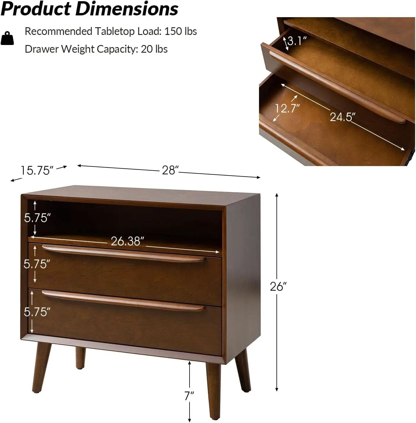 Nightstand With Charging Station Walnut Mid Century Modern from PriceLows™