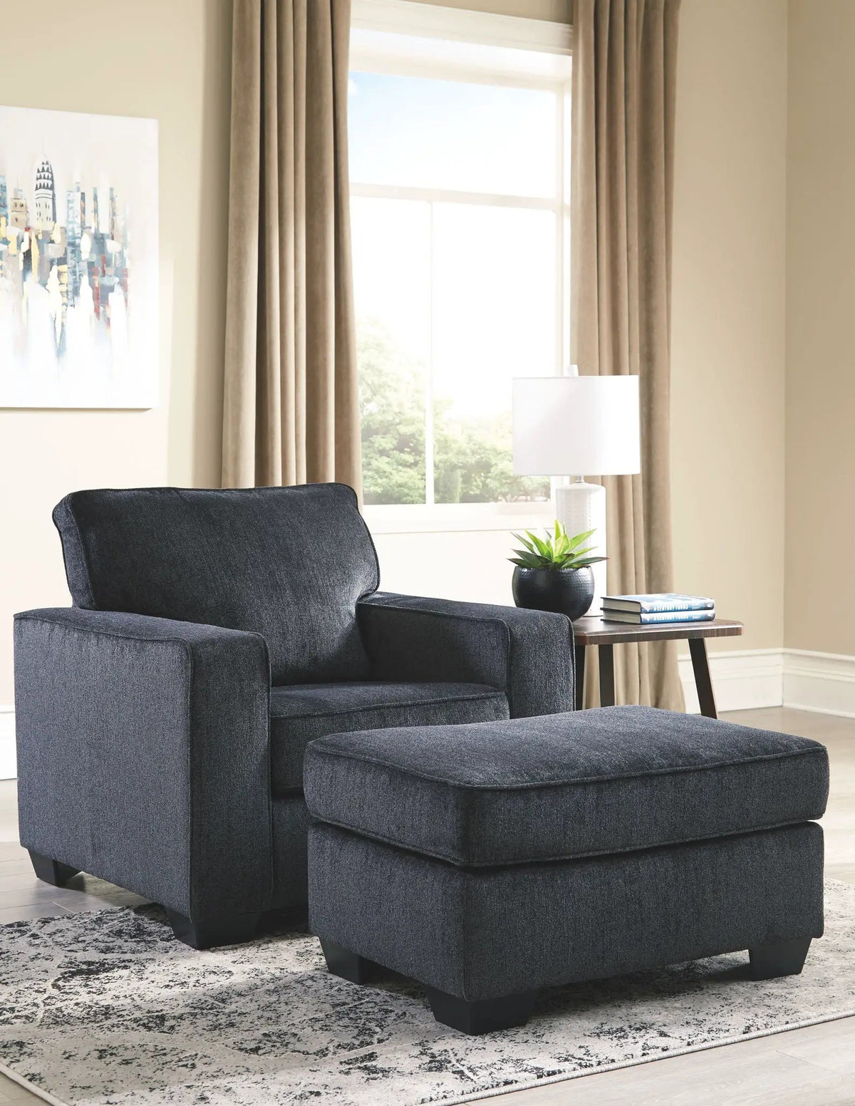 Altari Living Room Set | Stationary Chair And Ottoman | Richly Neutral Alloy | Striking Style