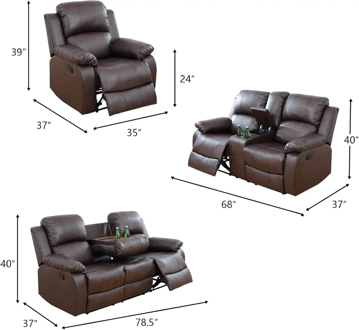 Black Vegan Leather 3 Seater Recliner Sofa Cupholders from PriceLows™