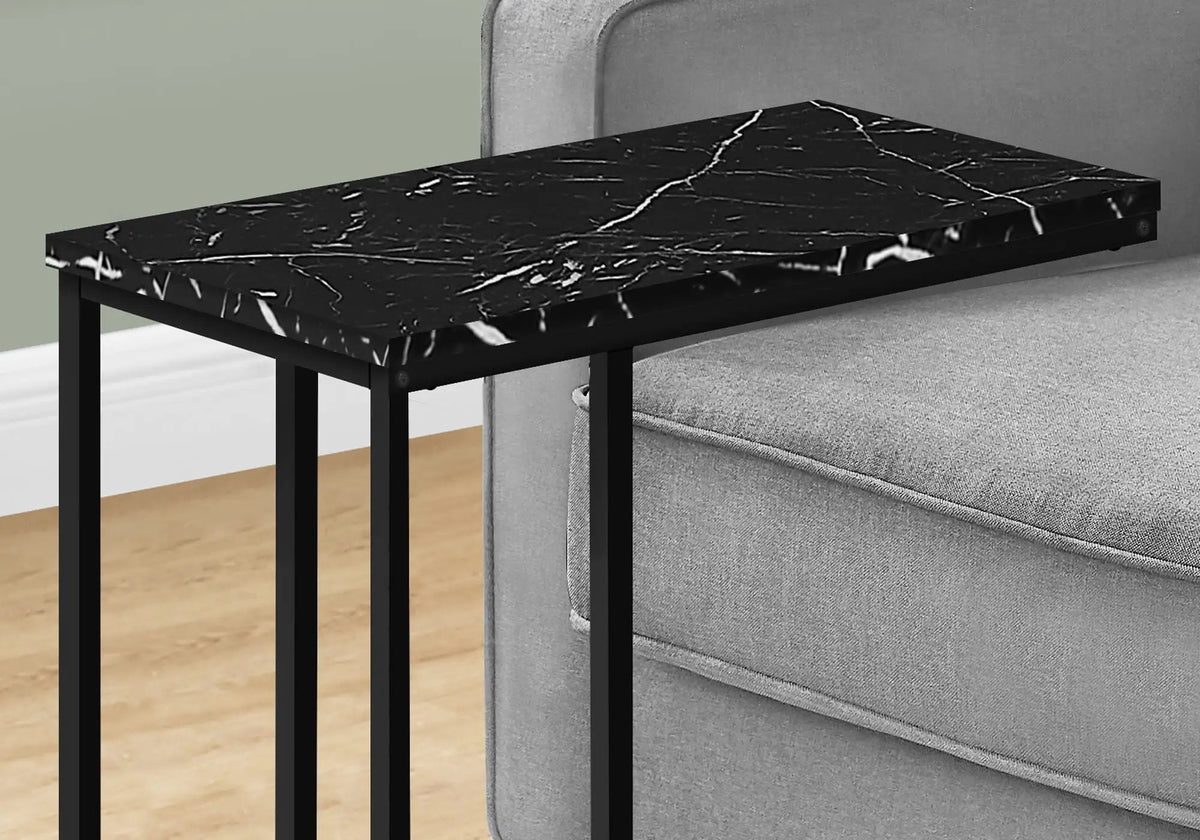 Black Marble Look C-Shaped Table | Slide Under Sofa Design | Solid Black Frame | Modern Style