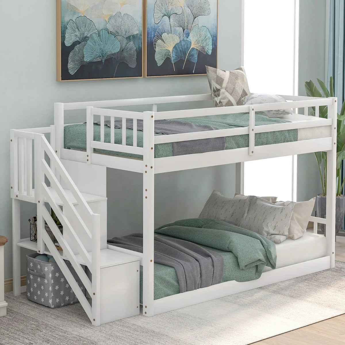 Floor Bunk Bed | Dual Guardrails | Ladder Storage | Twin Over Twin