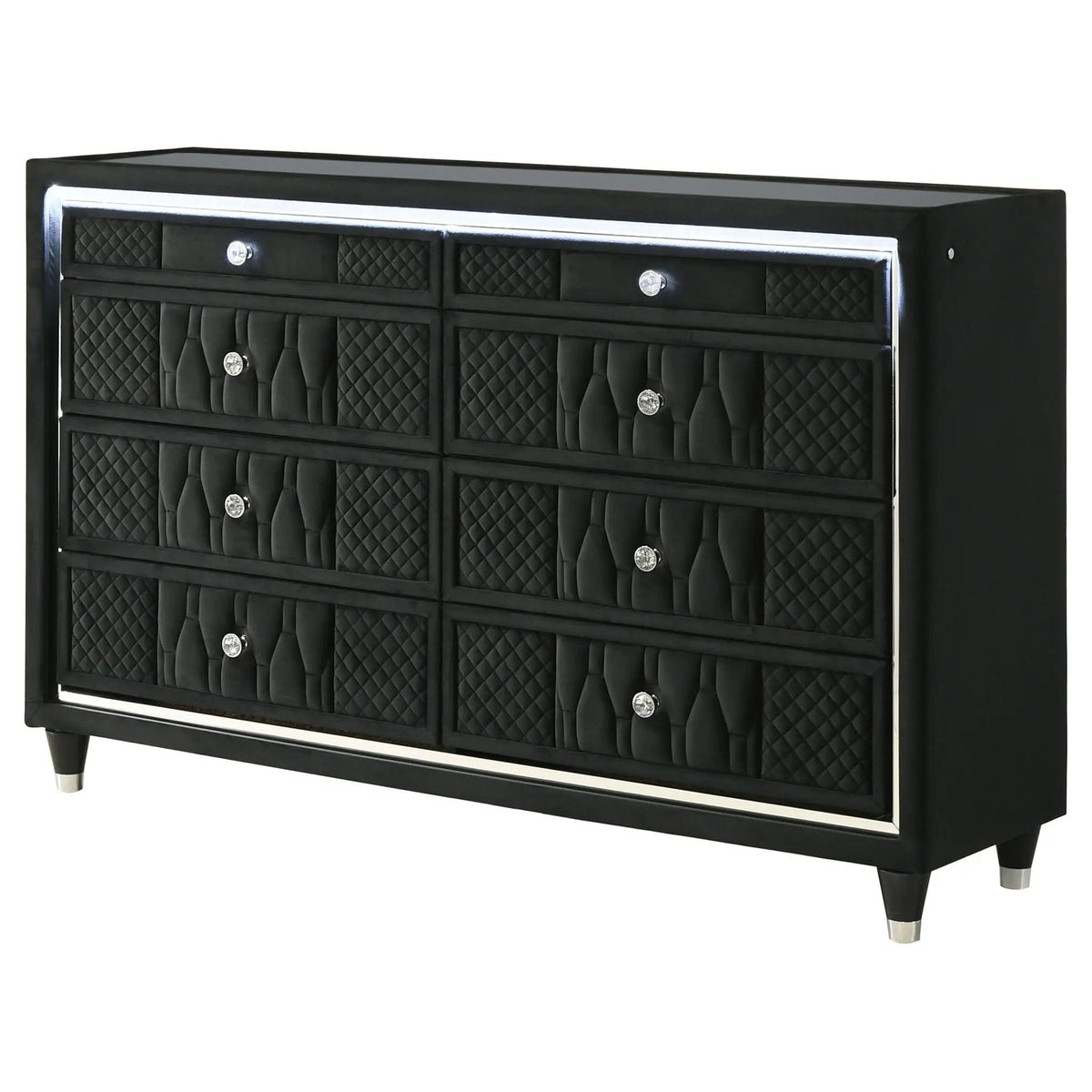 Lorient 8-drawer LED Bedroom Dresser Cabinet | 60.5 x 16 x 38.25 in | Rubberwood & Velvet | Black