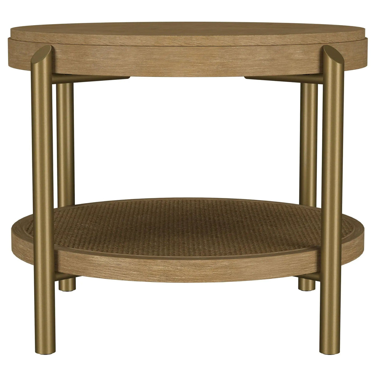 Arini Round End Side Table With Storage Shelf Sand Wash | 26.25 x 26.25 x 19.75 in | Rattan & Metal | Living Room