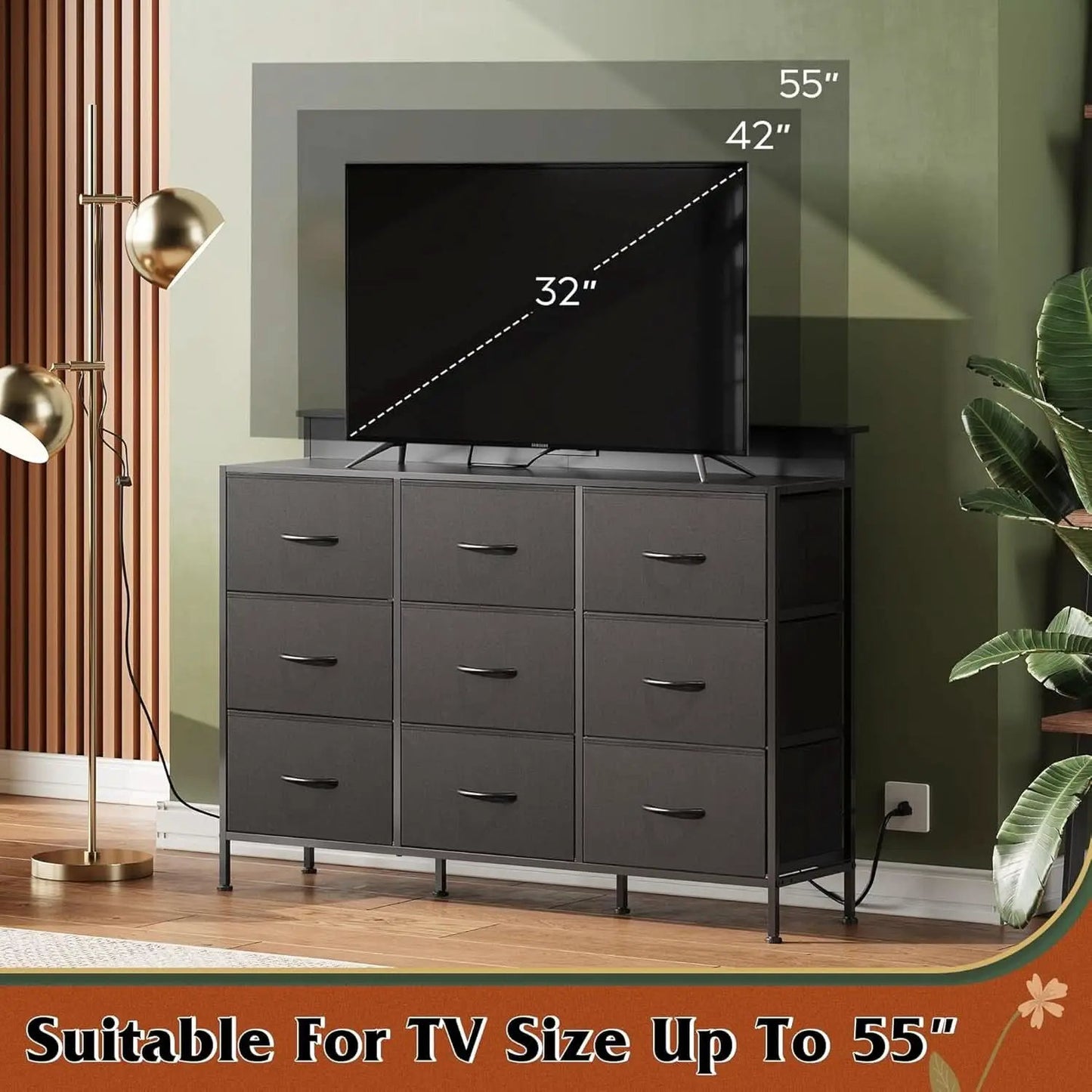 Black Dresser TV Stand 55 Inch With LED Lights And Charging Station from PriceLows™
