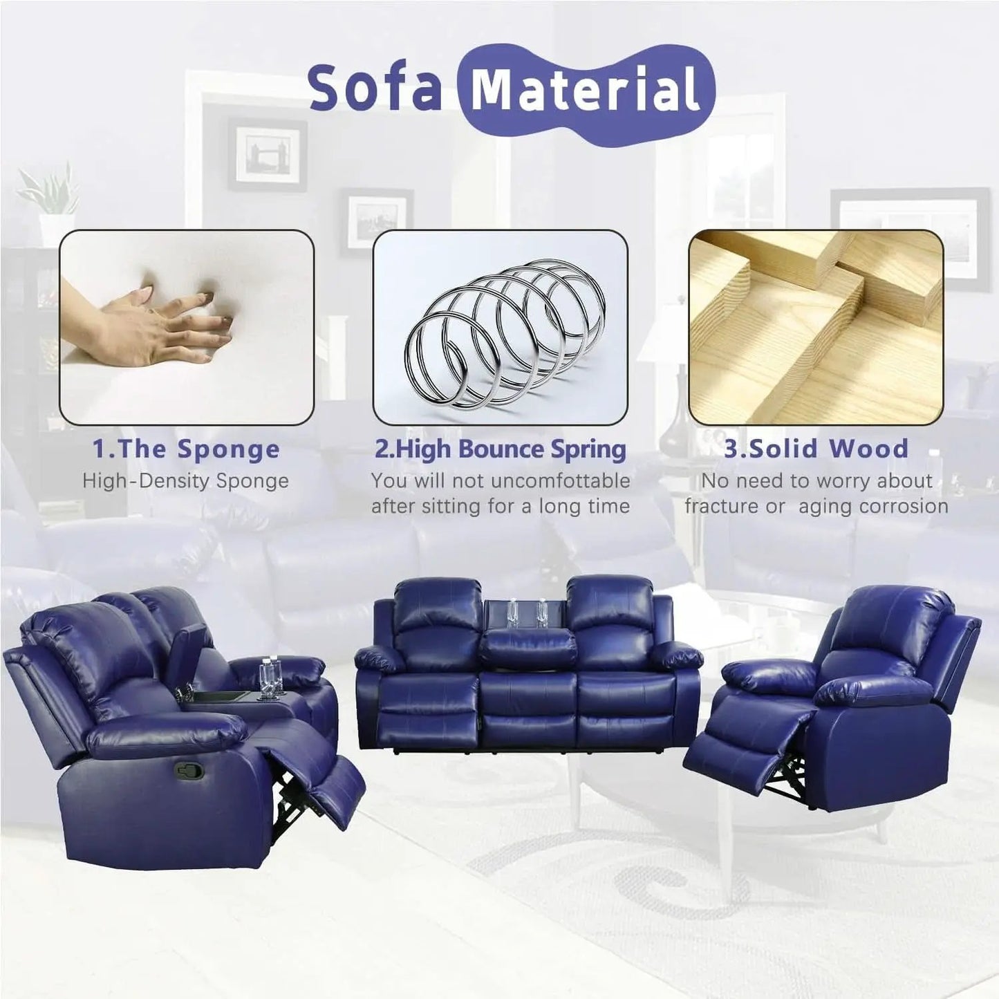 Dark Blue Leather Recliner Sofa Set For Living Room 3 Piece from PriceLows™