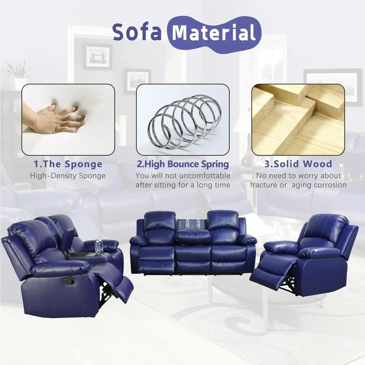 Dark Blue Leather Recliner Sofa Set For Living Room 3 Piece from PriceLows™