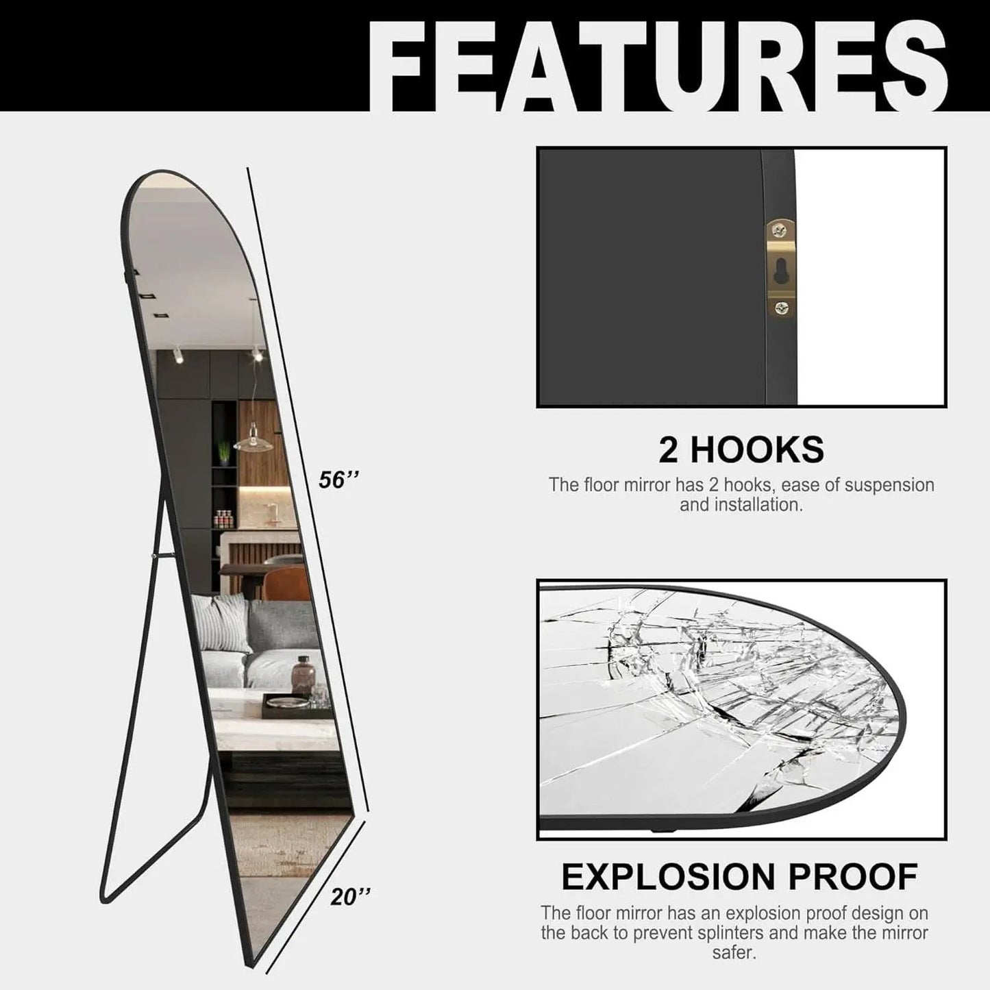 Arched Full Length Standing Mirror 56x20 Large Floor Mirror from PriceLows™