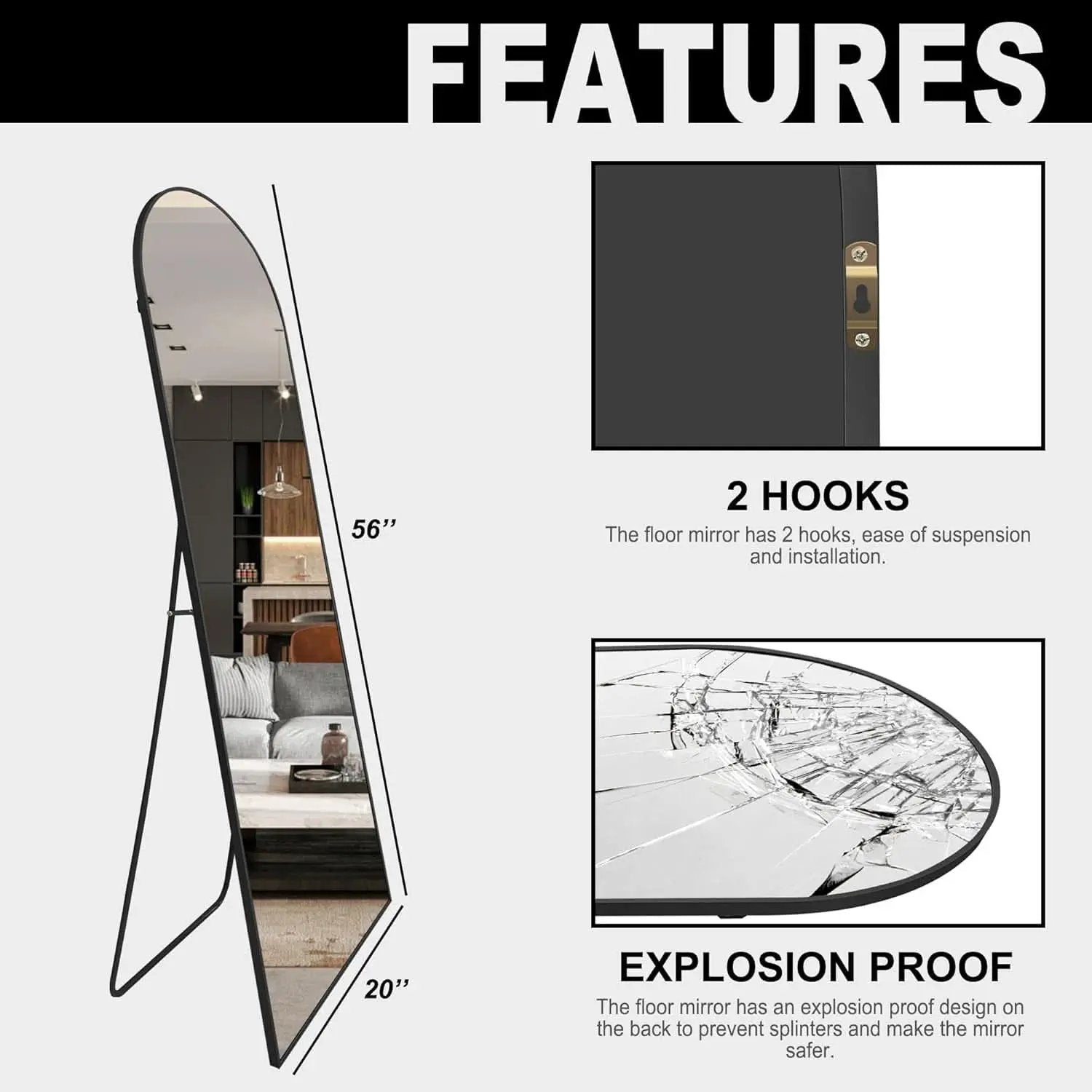 Arched Full Length Standing Mirror 56x20 Large Floor Mirror from PriceLows™