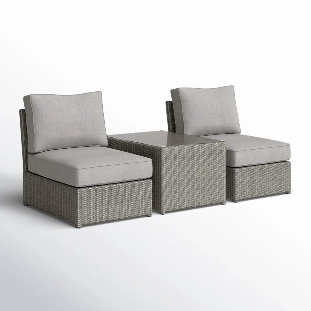 Modern Wicker Outdoor Seating Set | 3-Piece | Glass-Top Coffee Table | 5 Inch Cushions