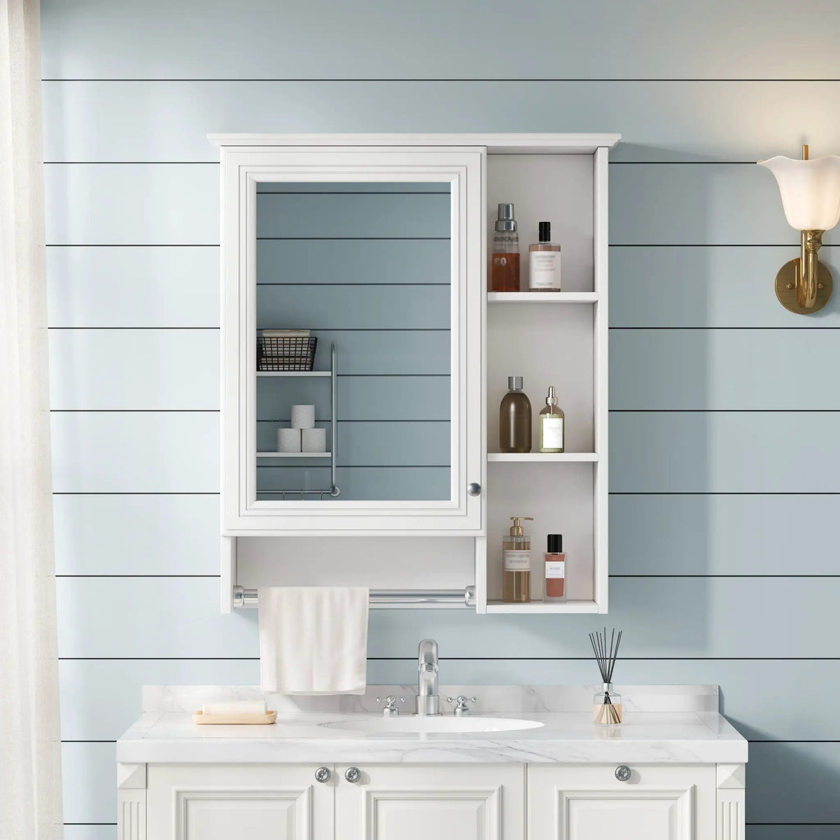 3-In-1 Bathroom Mirror Cabinet | Adjustable Shelf | Towel Bar | Full-Length Mirror