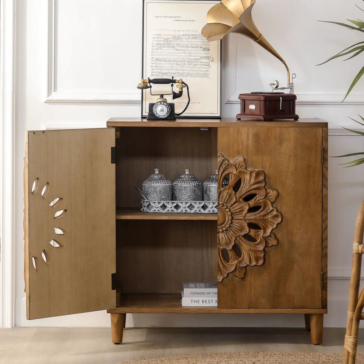 2 Door Accent Storage Cabinet With Floral Design, Sideboard For Living Room - | 31 x 15.3 x 31.7 in | Wood | Dark Brown