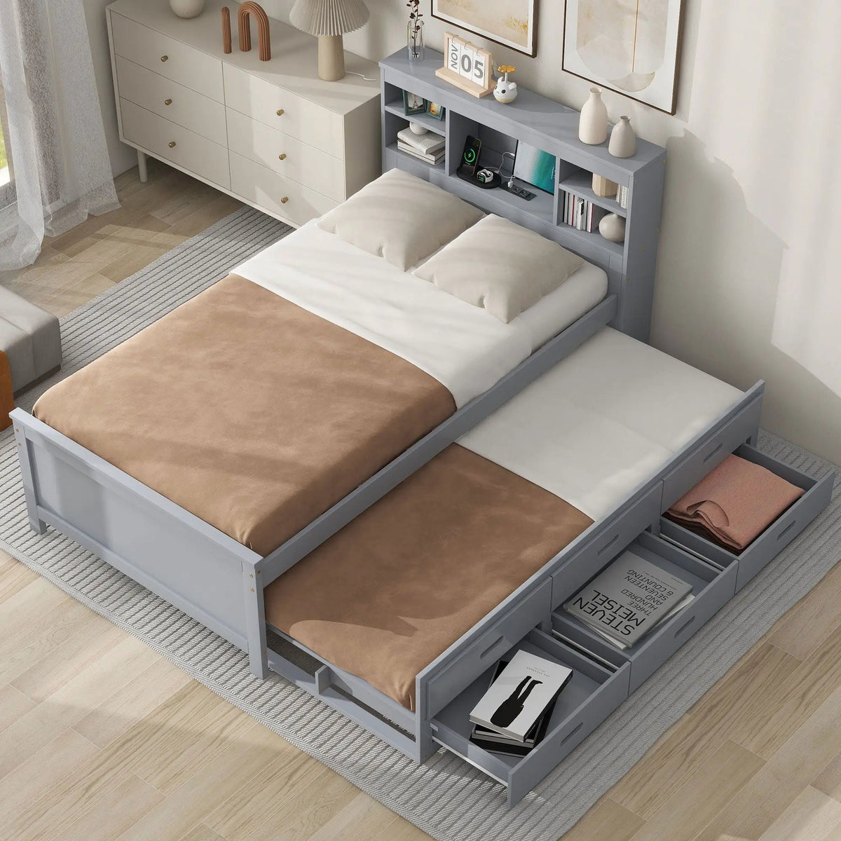 Platform Bed | Storage Headboard | USB Ports | Twin Trundle