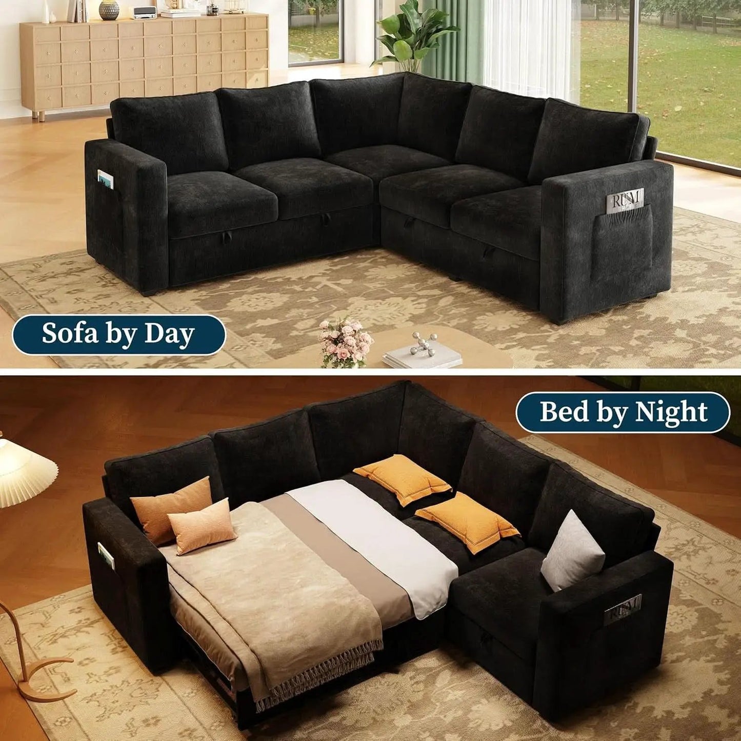 Black 83Inch Deluxe Sleeper Sectional Sofa With Storage from PriceLows™