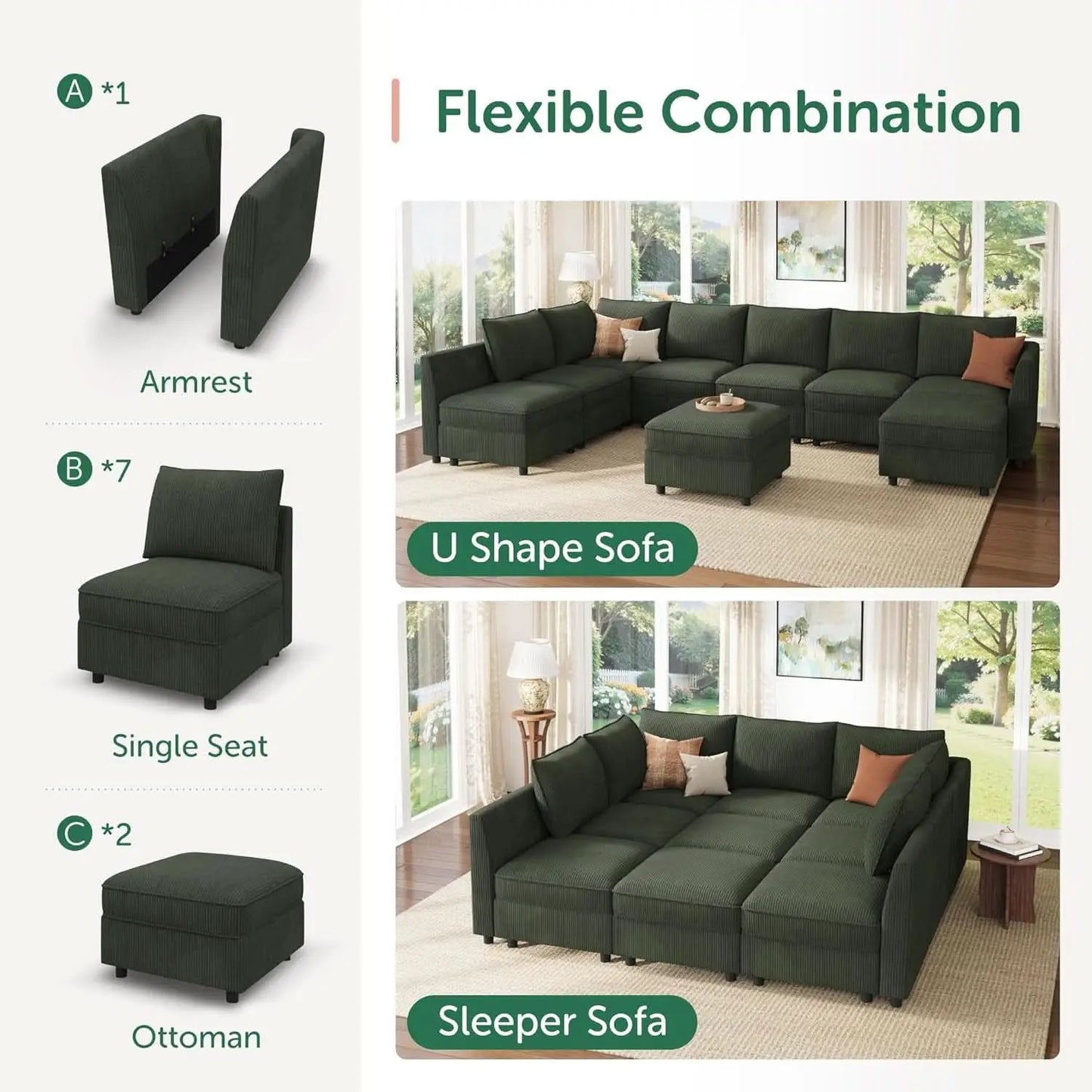 Emerald Green Modular Sleeper Sofa With Hidden Storage Compartment from PriceLows™