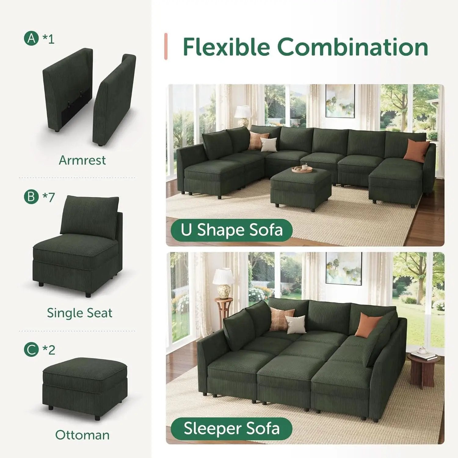 Emerald Green Modular Sleeper Sofa With Hidden Storage Compartment from PriceLows™
