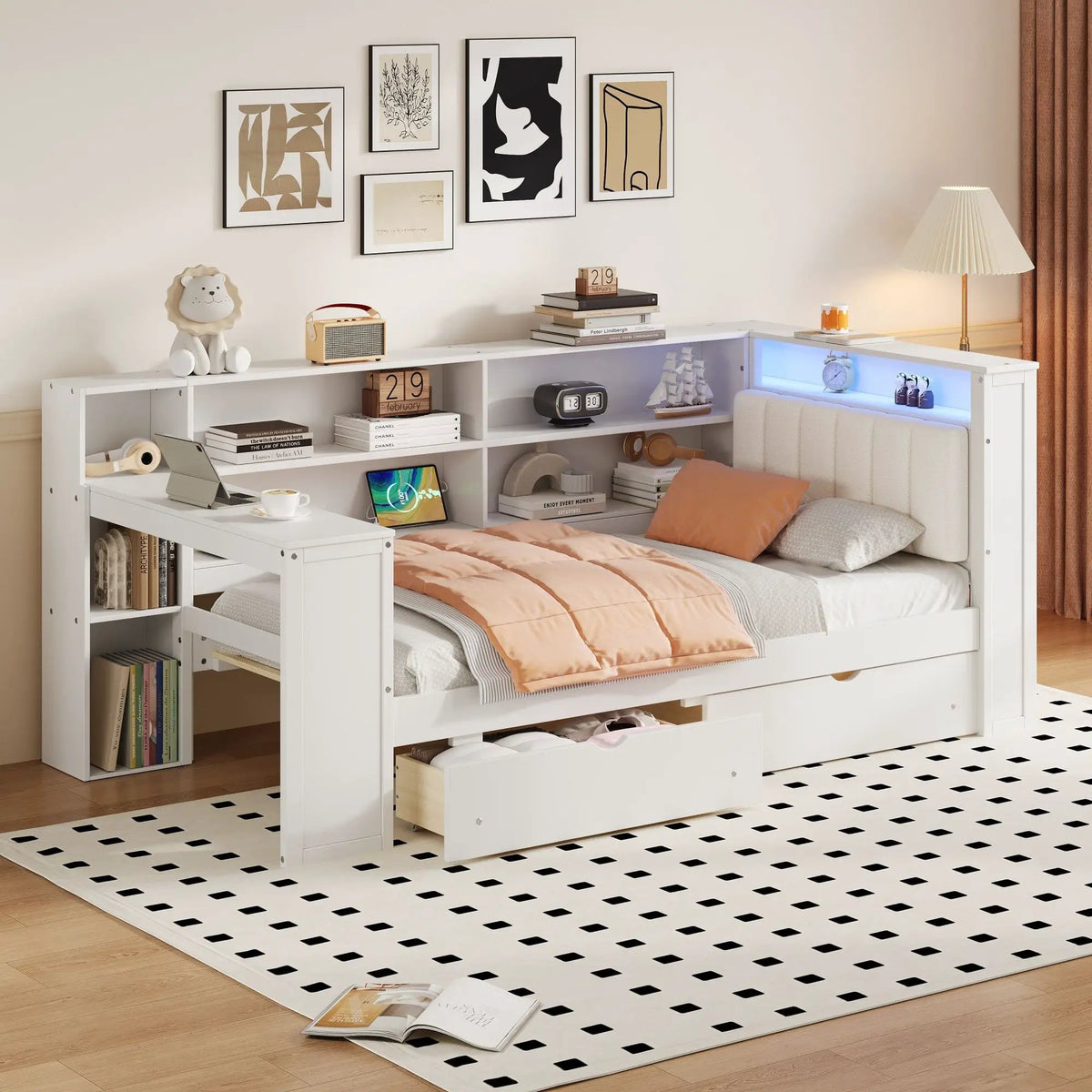 Upholstered Platform Storage Bed | Eight Open Shelves | Two Drawers | LED Lighting And Charging Station