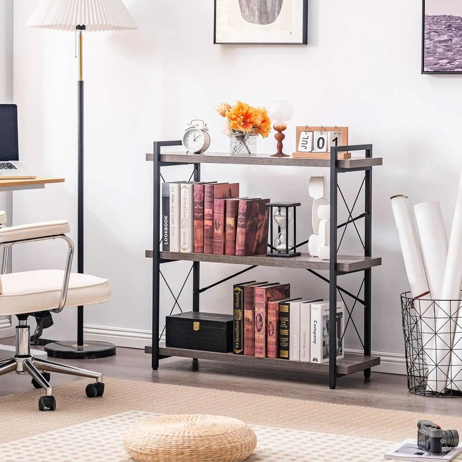 Three Tier Industrial Bookshelf With Rustic Open Metal Frame from PriceLows™